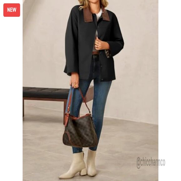 Oversized Trench Coat with Leather Collar Plaid Cuffs Windproof Fall Jacket - Picture 5 of 6